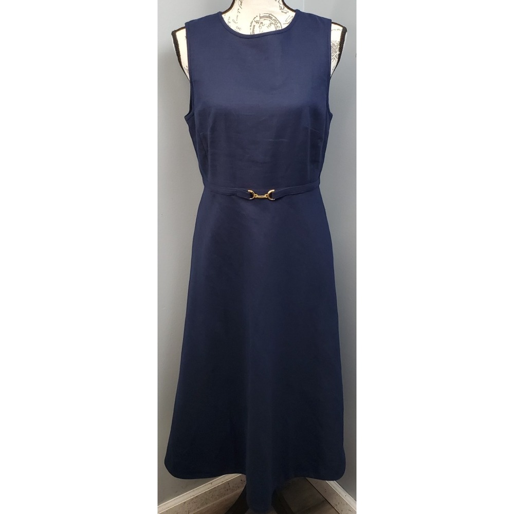 J.Crew A-Line Midi Dress Womens 8 Blue Gold Belted Waist Workwear Chic Back Zip